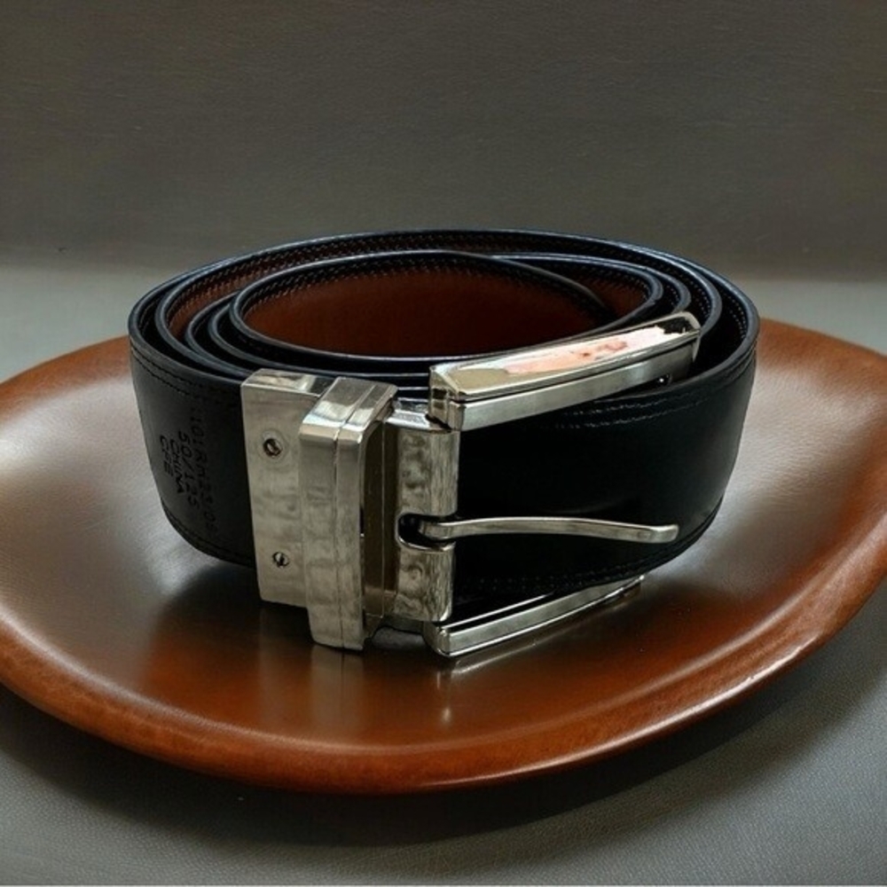 Mens Black Genuine Leather Silver Buckle Dress Belt Sz 50 Waist Excellent
